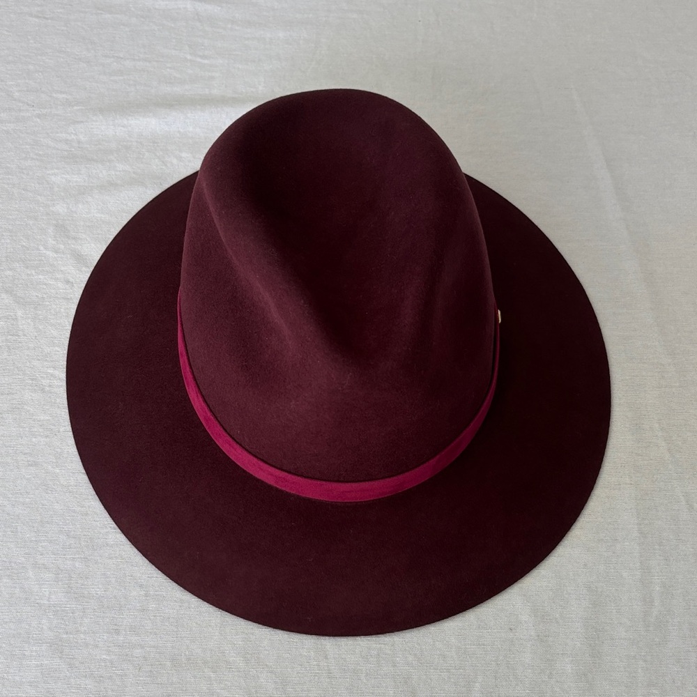 Phenix Deep Burgundy Women's Wool Hat with suede trim Wide brim fedora